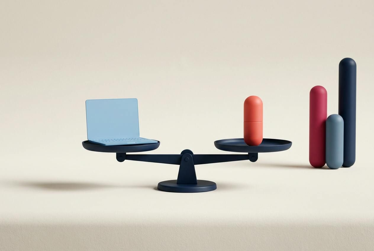 A level balance scale with a laptop on one side and a coral bar on the other.