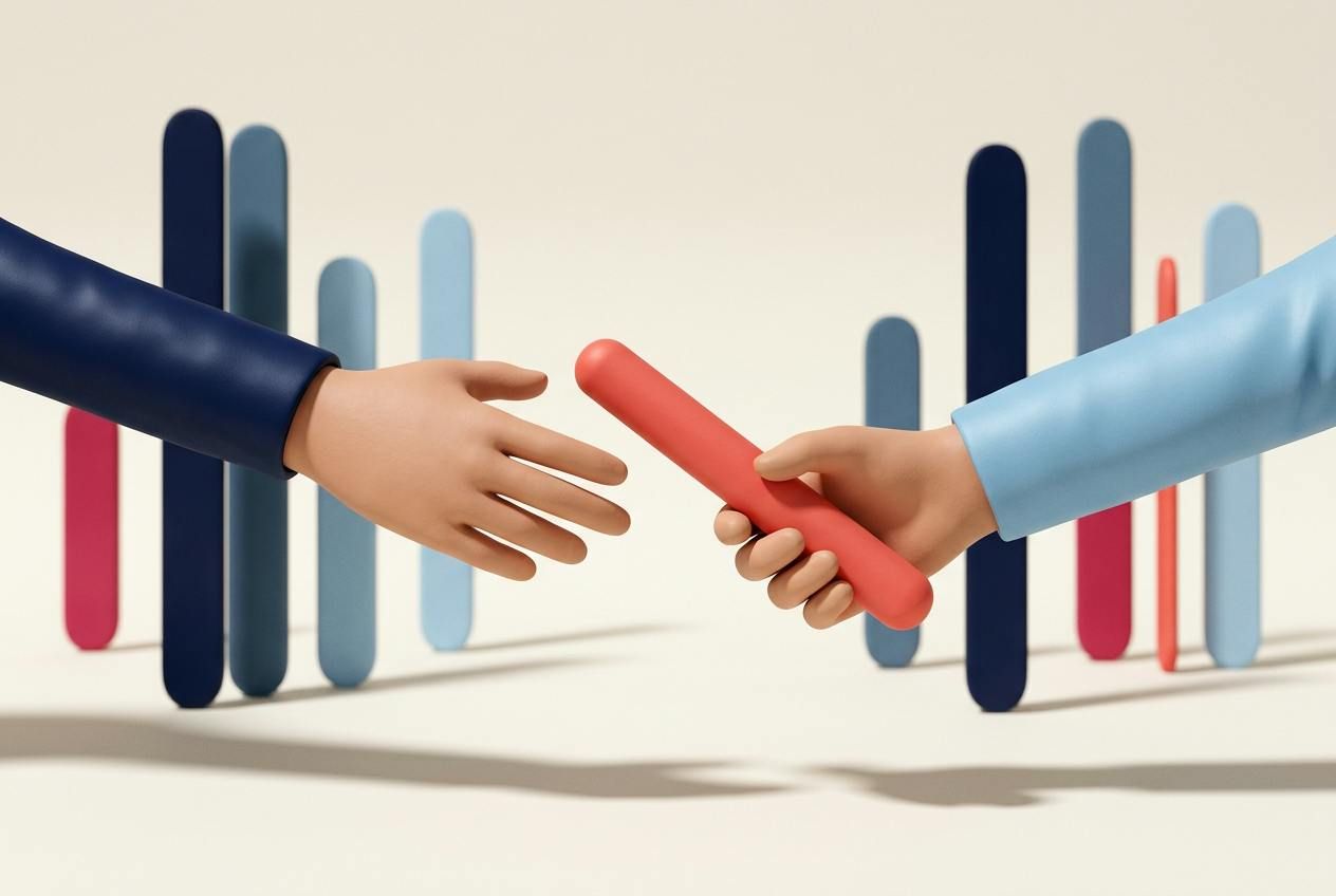 Dos manos se pasan un testigo coral, como en una carrera de relevos.