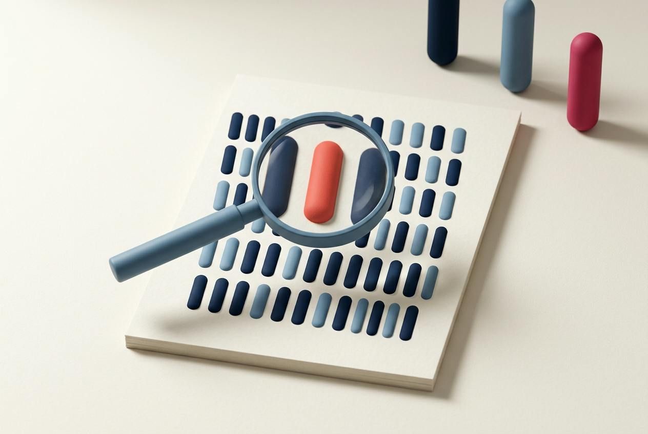 A magnifying glass over a sheet of paper picks out one coral bar among blue lines.