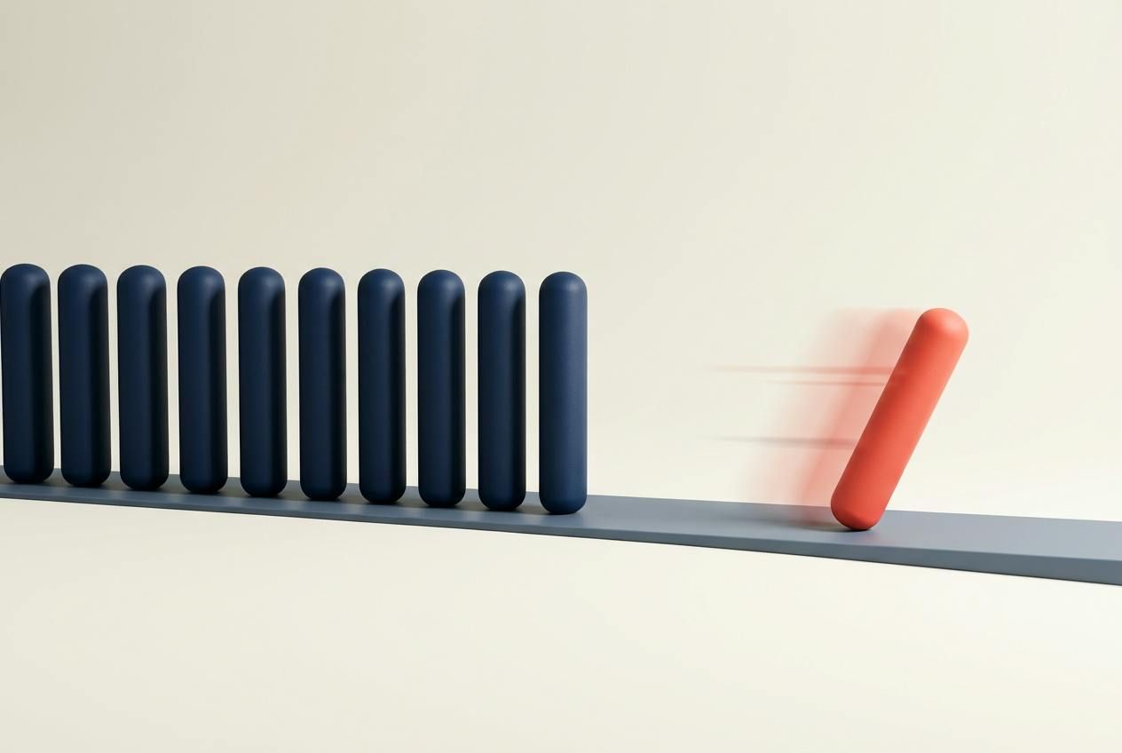 A coral bar races ahead of a row of still navy bars on a track.